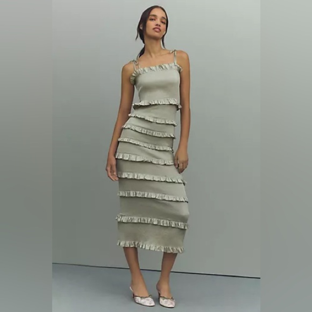 Anthropologie V. Chapman Lily Ruched & Ruffled Stretch Satin Midi Dress